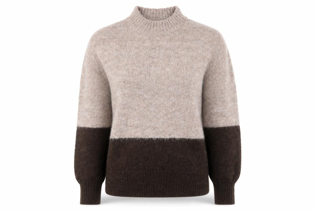 Front view of Pieces Women's Beige Mock Neck Pullover Knit Jumper, size S