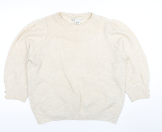 ICHI Womens Ivory M Crew Neck Puff Sleeve Knit Jumper