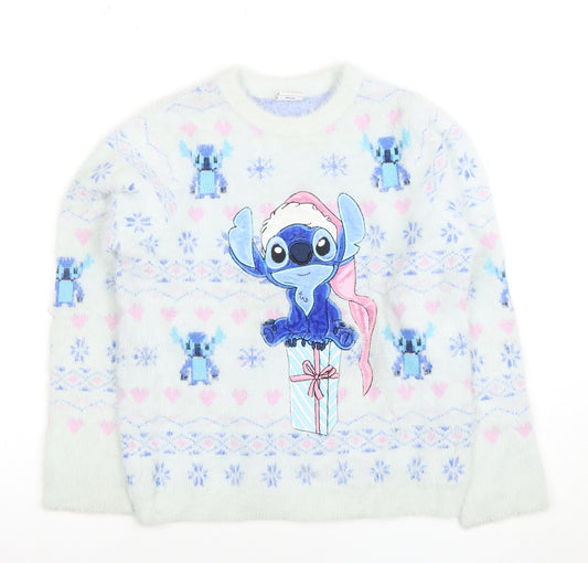 Disney Girls Blue Stitch Christmas Jumper 10-11 Years Pullover Fair Isle Sweater