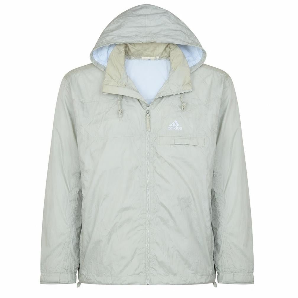 Front view of Adidas Men's Beige Windbreaker Jacket, size S, Hooded Lightweight