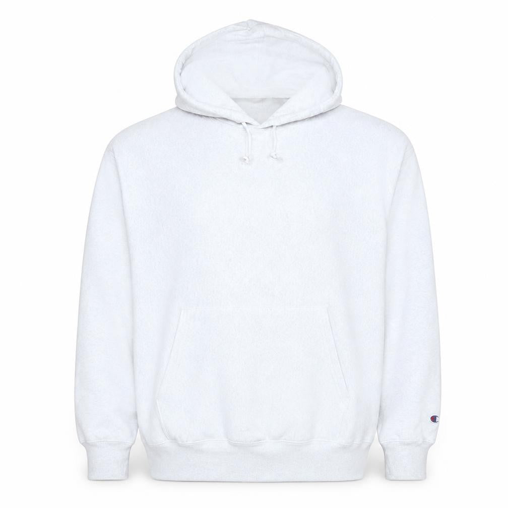 Front view of Champion men’s white 2xl pullover fleece hoodie sweatshirt