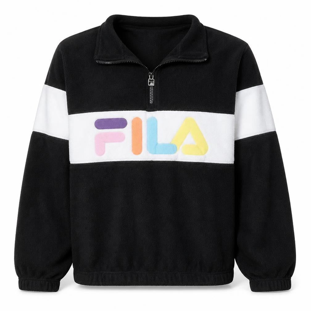 Front view of Fila women’s black 1/4 zip pullover sweatshirt, size S