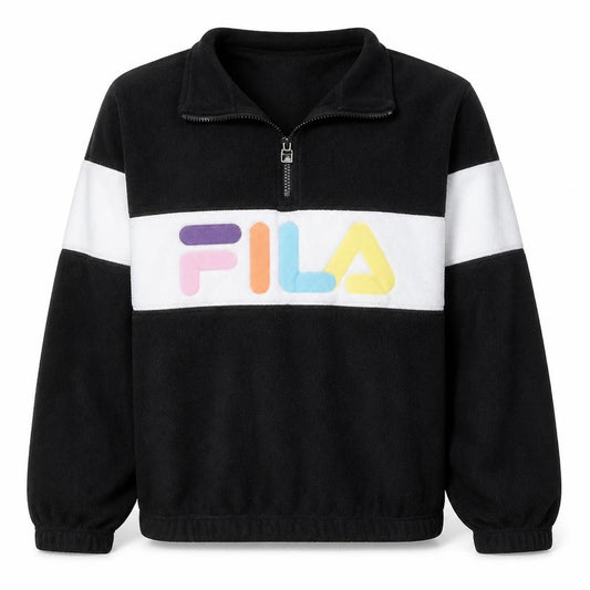 Front view of Fila women’s black 1/4 zip pullover sweatshirt, size S