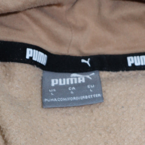 Puma Womens Beige Pullover Hoodie L Logo Print Casual Cotton Blend