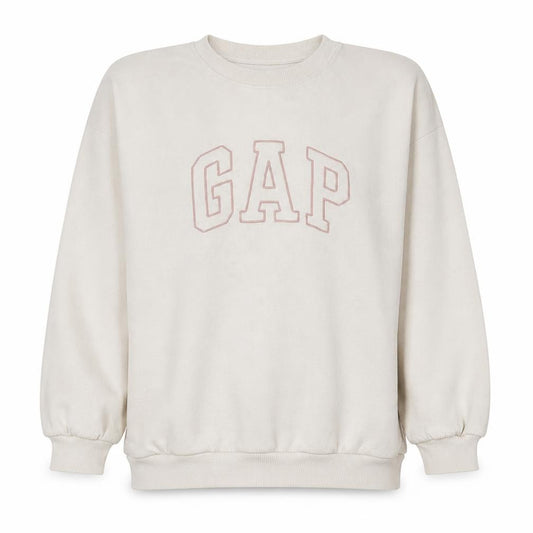 Front view of Gap Women Ivory Oversized Crew Neck Sweatshirt, size S, Classic Logo