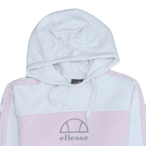 Ellesse Womens White Pink Hoodie UK 10 Pullover Logo Hooded Sweatshirt