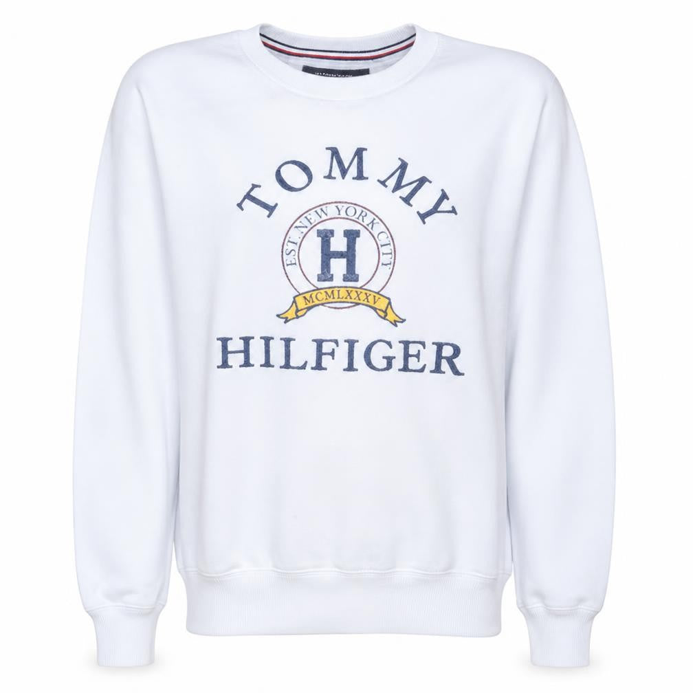 Front view of Tommy Hilfiger Men's White Crew Neck Pullover Sweatshirt S