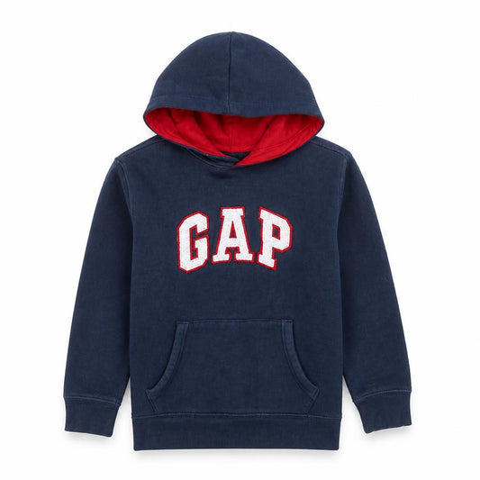 Front view of Gap Kids boys’ navy blue xl (12 years) pullover hoodie with logo