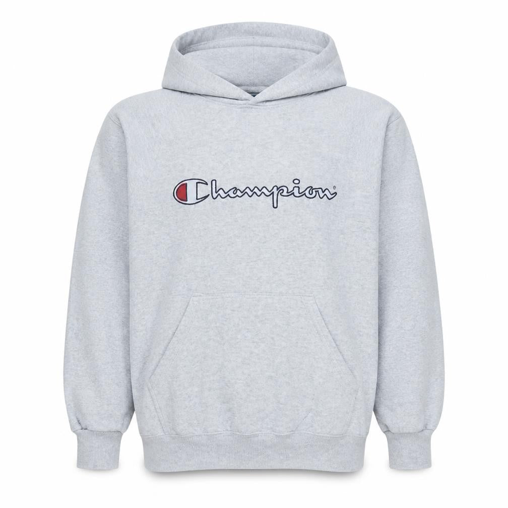 Front view of Champion men’s grey pullover hoodie m classic logo fleece sweatshirt