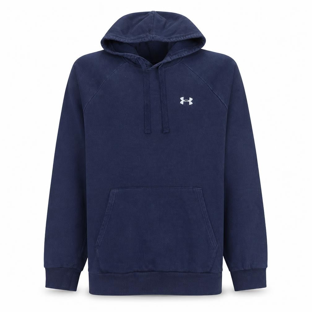 Front view of Under Armour men’s blue pullover hoodie l relaxed fit fleece