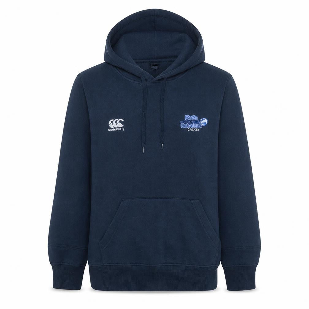 Front view of Canterbury men’s blue pullover rugby hoodie, size L, fleece sweatshirt