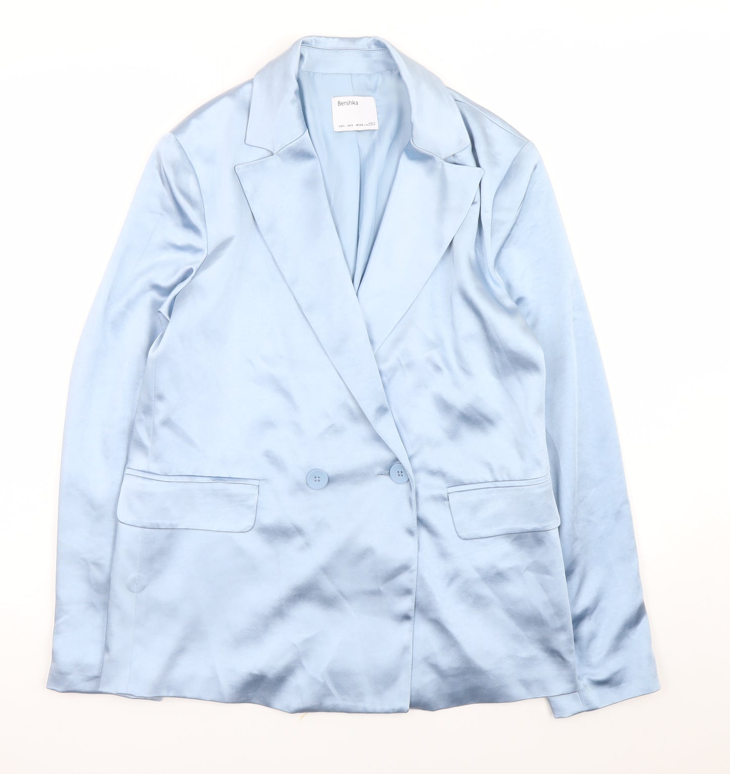 Bershka Women's Blue Satin Blazer Size 10 Mid-Length Smart Jacket