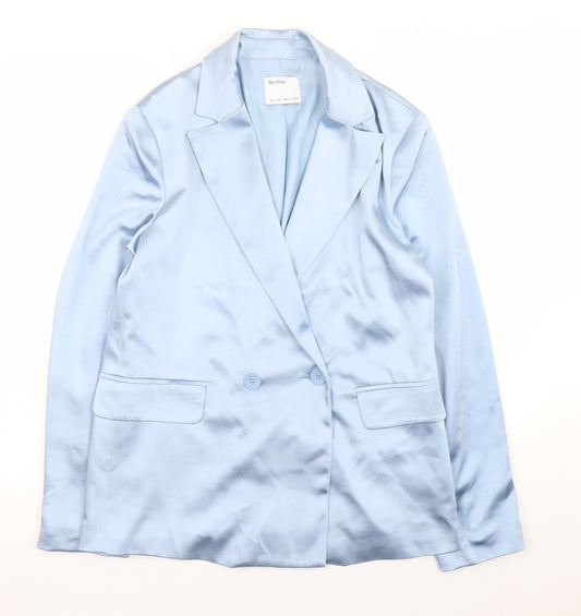 Bershka Women's Blue Satin Blazer Size 10 Mid-Length Smart Jacket