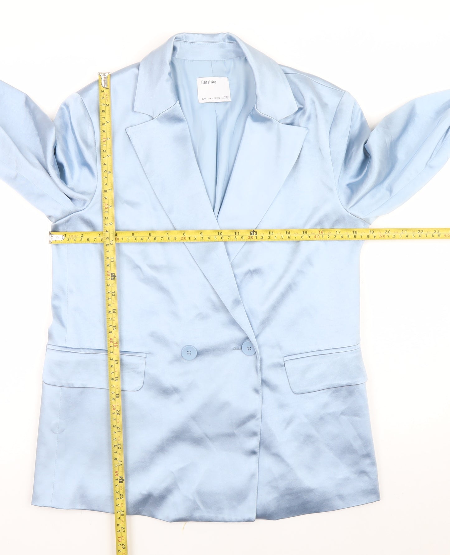 Bershka Women's Blue Satin Blazer Size 10 Mid-Length Smart Jacket