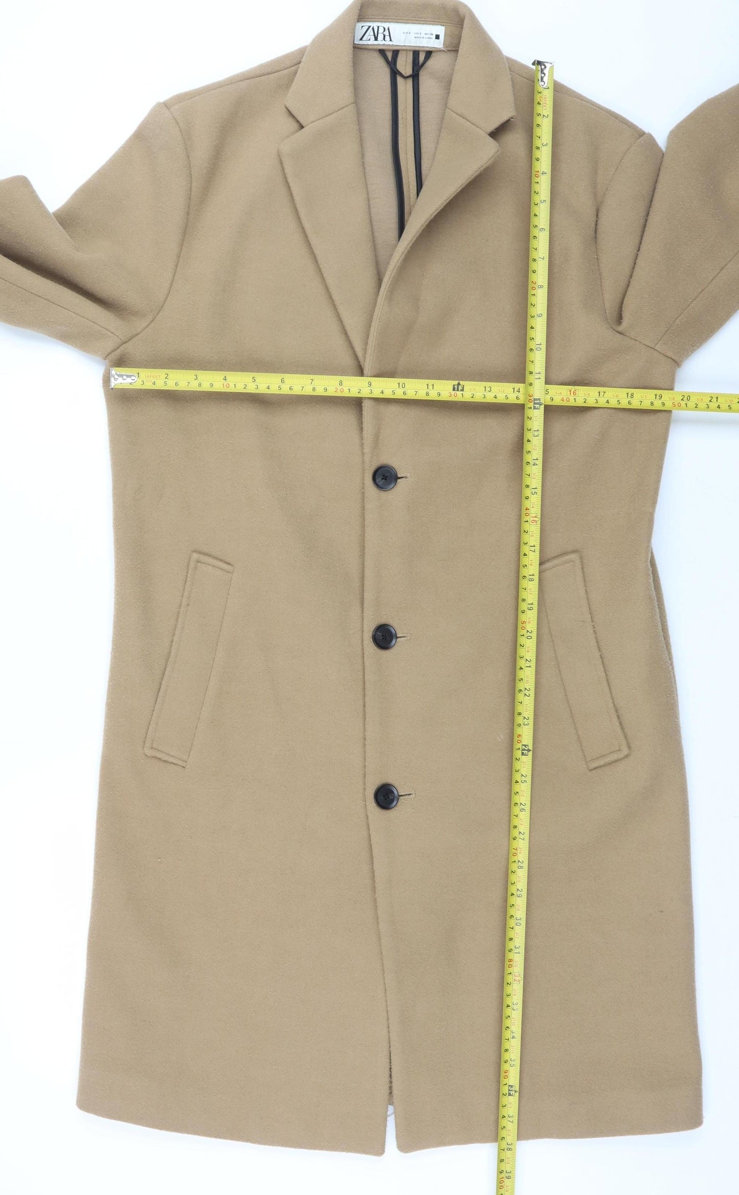 Zara Men’s Beige Wool Blend Long Overcoat Size S Classic Smart