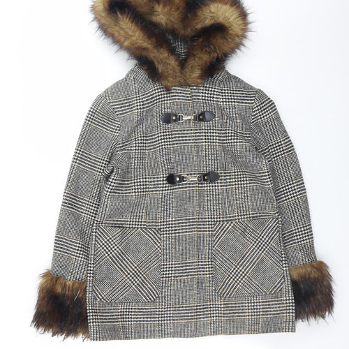 Miss Selfridge Women's Grey Check Fur Trim Hooded Duffle Coat Size 10