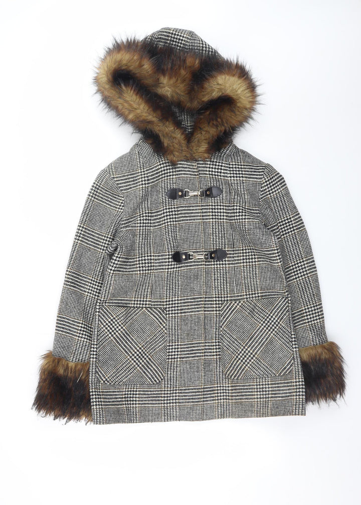 Miss Selfridge Women's Grey Check Fur Trim Hooded Duffle Coat Size 10