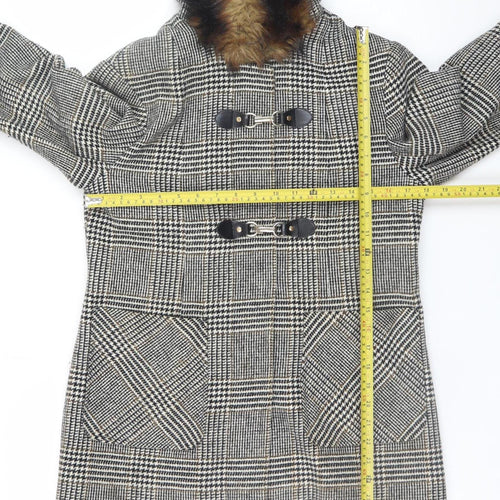 Miss Selfridge Women's Grey Check Fur Trim Hooded Duffle Coat Size 10