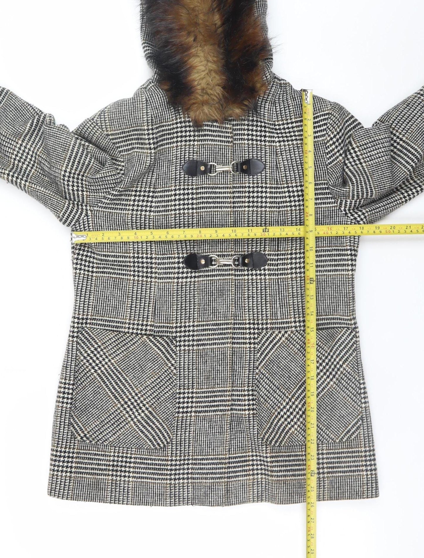 Miss Selfridge Women's Grey Check Fur Trim Hooded Duffle Coat Size 10