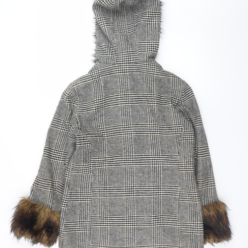 Miss Selfridge Women's Grey Check Fur Trim Hooded Duffle Coat Size 10