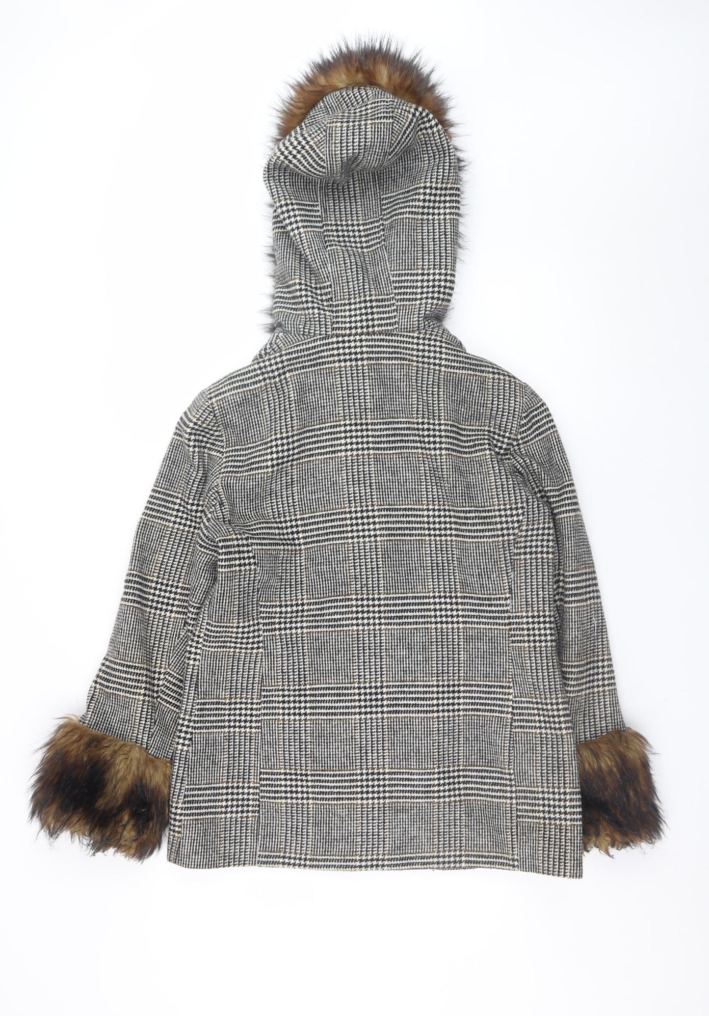 Miss Selfridge Women's Grey Check Fur Trim Hooded Duffle Coat Size 10