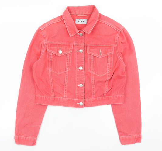 New Look Women Pink Cropped Denim Jacket UK 12 Cotton Casual