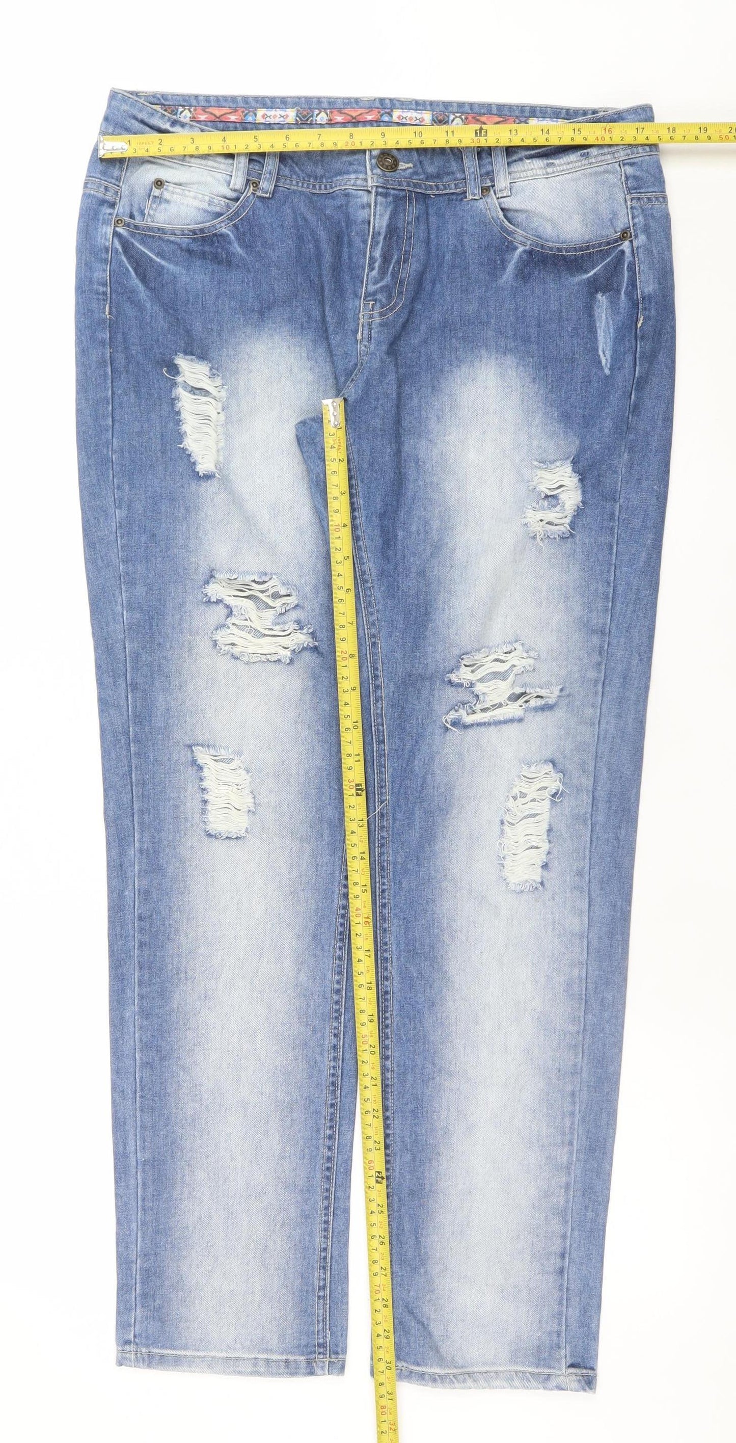 Denim Co. Men's Blue Distressed Light Wash Straight Jeans L
