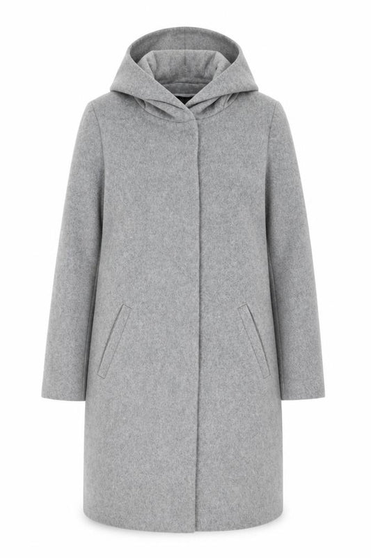 Front view of Hallhuber Women's Grey Wool Blend Hooded Long Coat, size 6