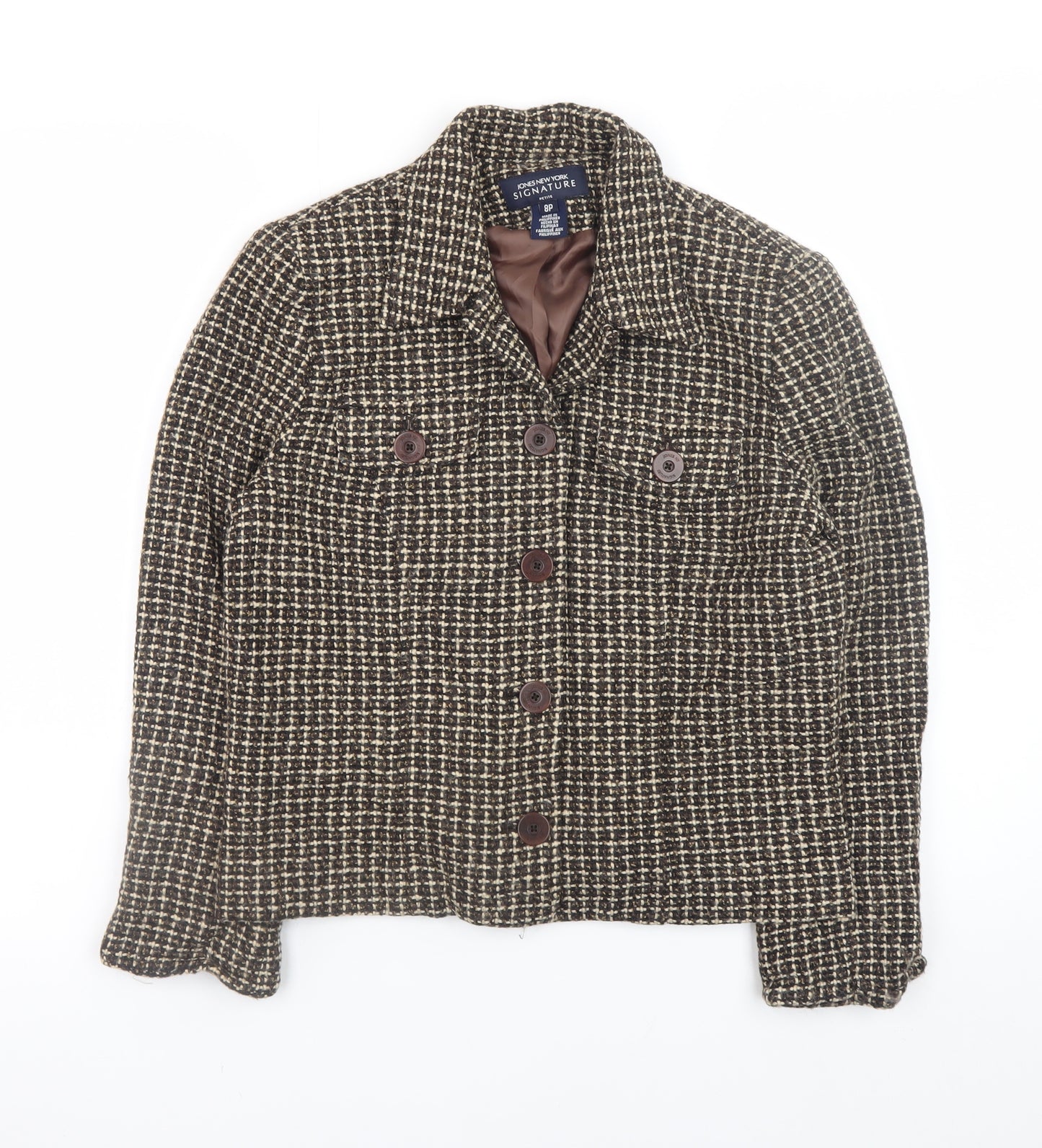 Jones New York Women's Brown Petite Check Tweed Blazer Size 8