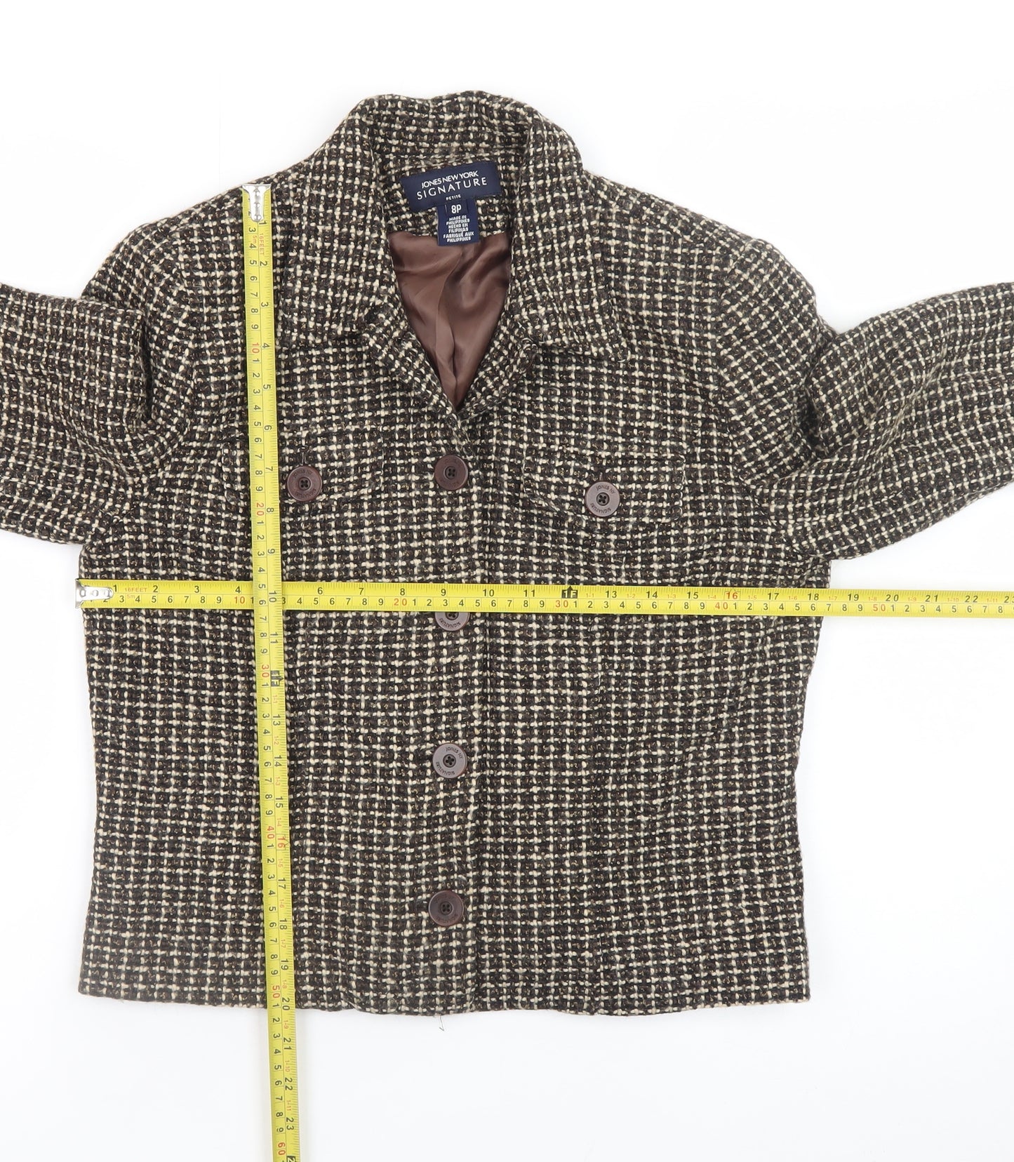 Jones New York Women's Brown Petite Check Tweed Blazer Size 8