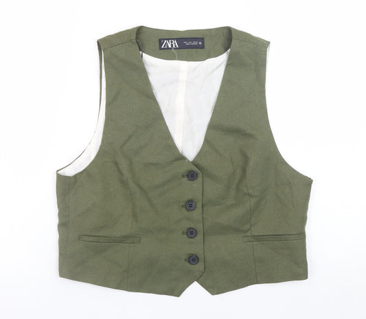 Zara Women Olive Green Linen Blend Suit Waistcoat Size L