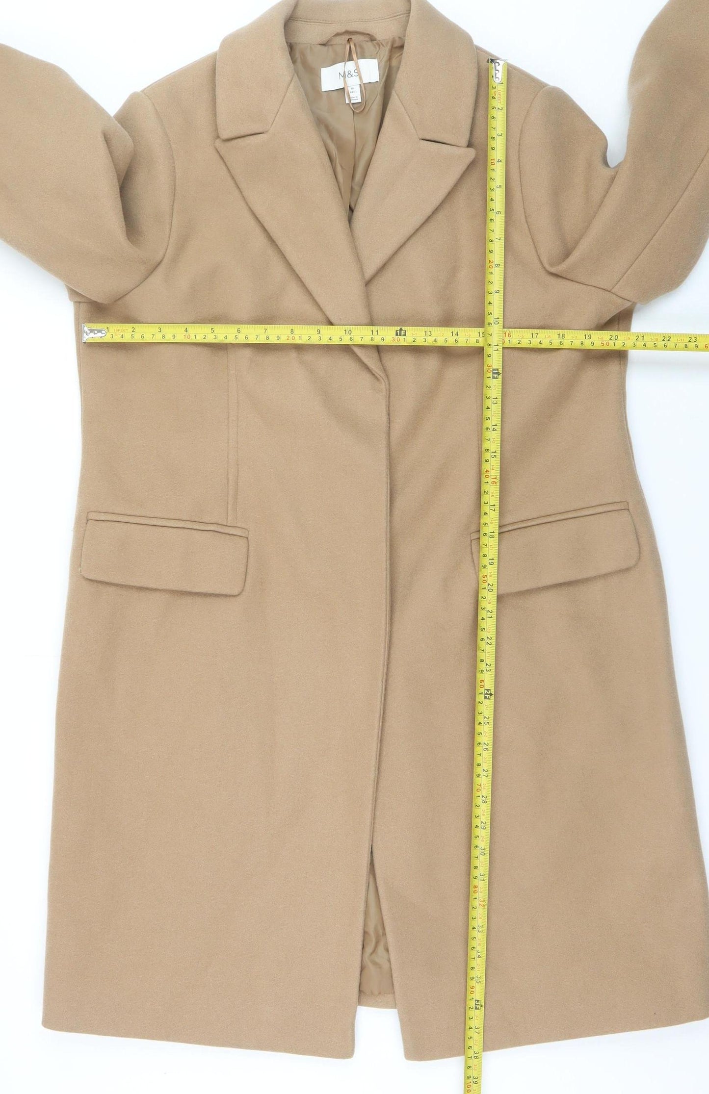 Marks and Spencer Women Beige Long Overcoat Size 16 Polyester