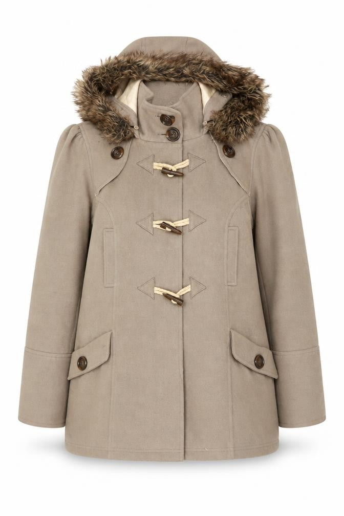 New Look Women’s Beige Hooded Duffle Coat Faux Fur Trim UK 18