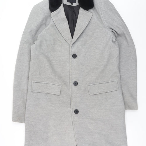 boohooMAN Men's Grey Faux Fur Collar Overcoat L Regular Fit Polyester Blend