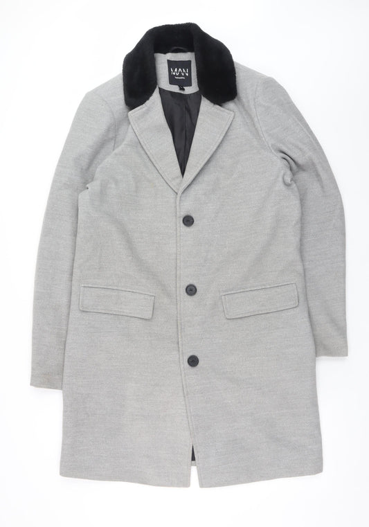 boohooMAN Men's Grey Faux Fur Collar Overcoat L Regular Fit Polyester Blend