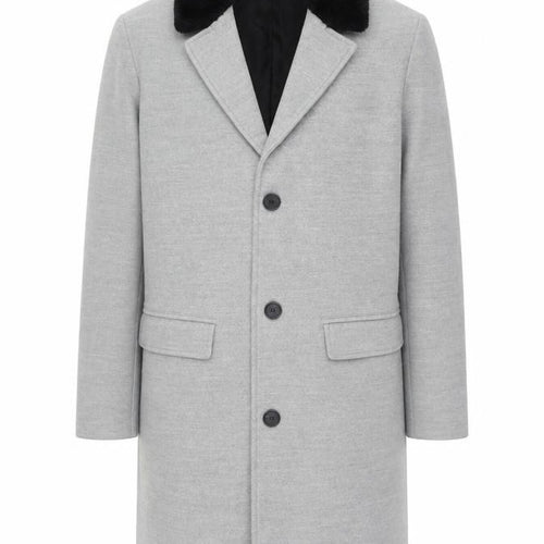 boohooMAN Men's Grey Faux Fur Collar Overcoat L Regular Fit Polyester Blend