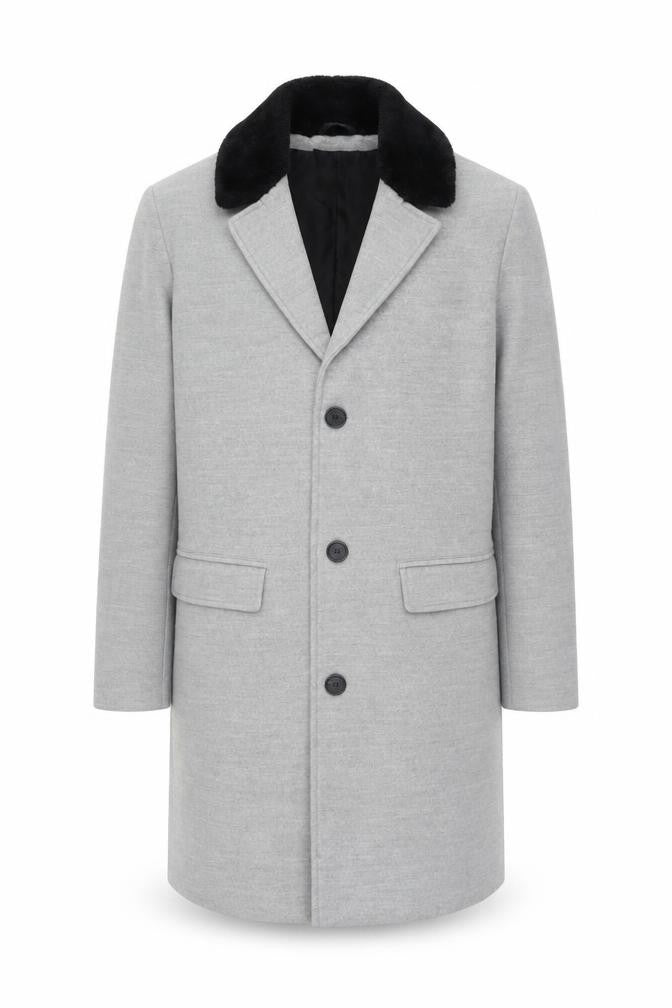 boohooMAN Men's Grey Faux Fur Collar Overcoat L Regular Fit Polyester Blend