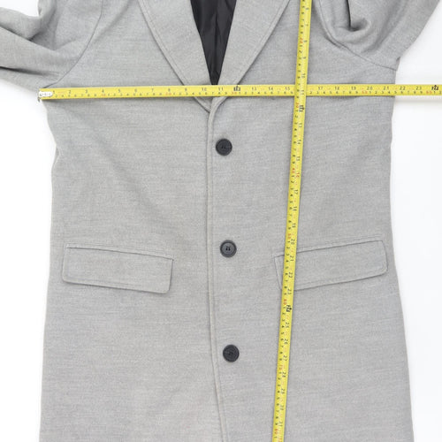boohooMAN Men's Grey Faux Fur Collar Overcoat L Regular Fit Polyester Blend