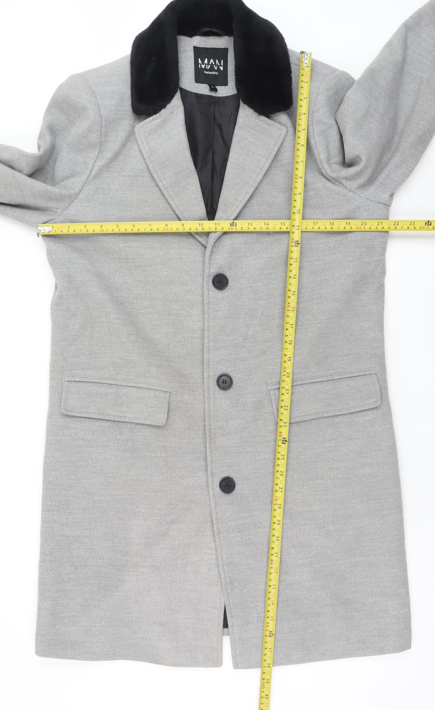 boohooMAN Men's Grey Faux Fur Collar Overcoat L Regular Fit Polyester Blend