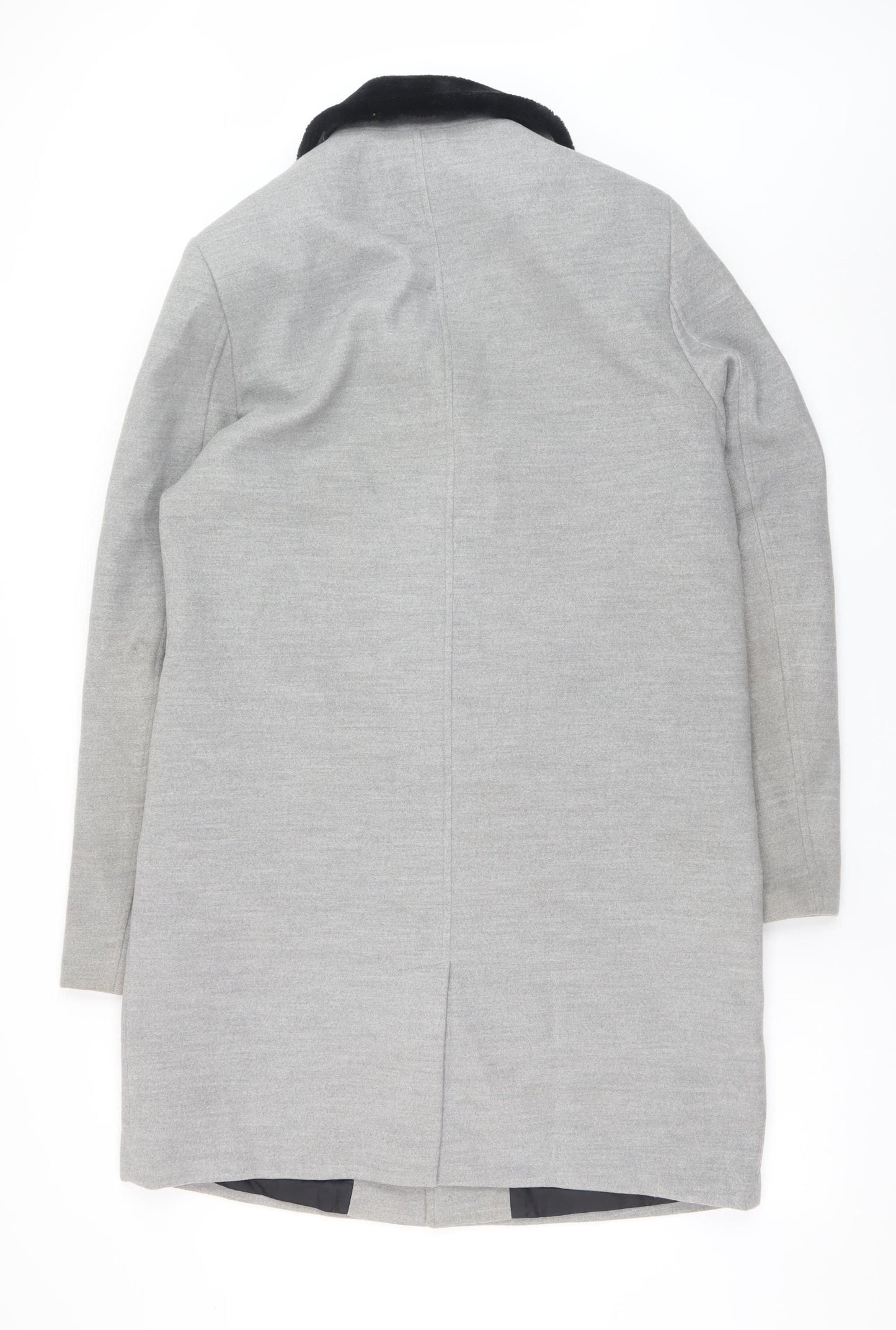 boohooMAN Men's Grey Faux Fur Collar Overcoat L Regular Fit Polyester Blend