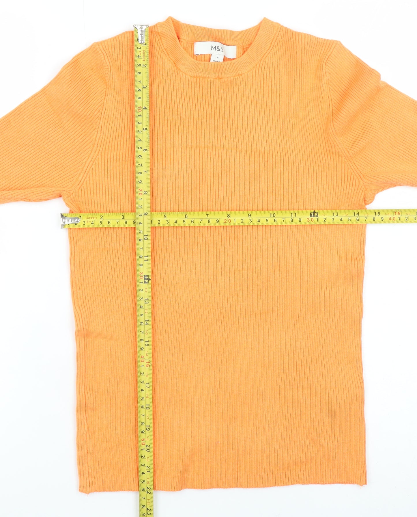 Marks and Spencer Women Orange Ribbed Knit Short Sleeve T-Shirt M