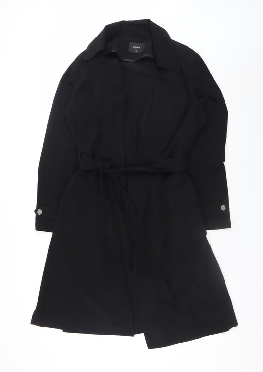 Papaya Womens Black Belted Long Trench Coat Size 12