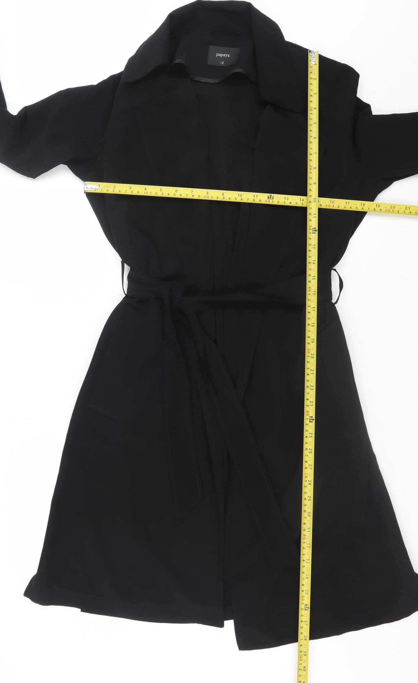 Papaya Womens Black Belted Long Trench Coat Size 12
