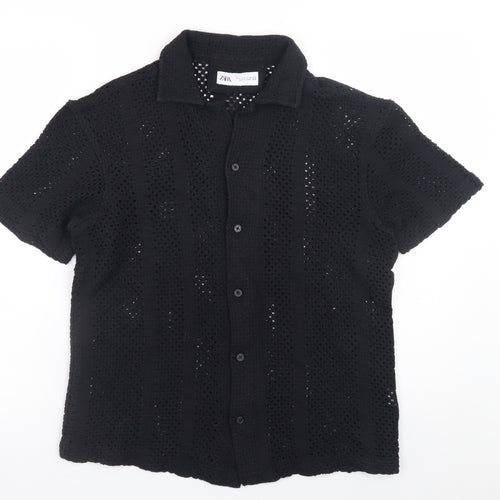 ZARA Men’s Black Crochet Short Sleeve Collared Button Cardigan S