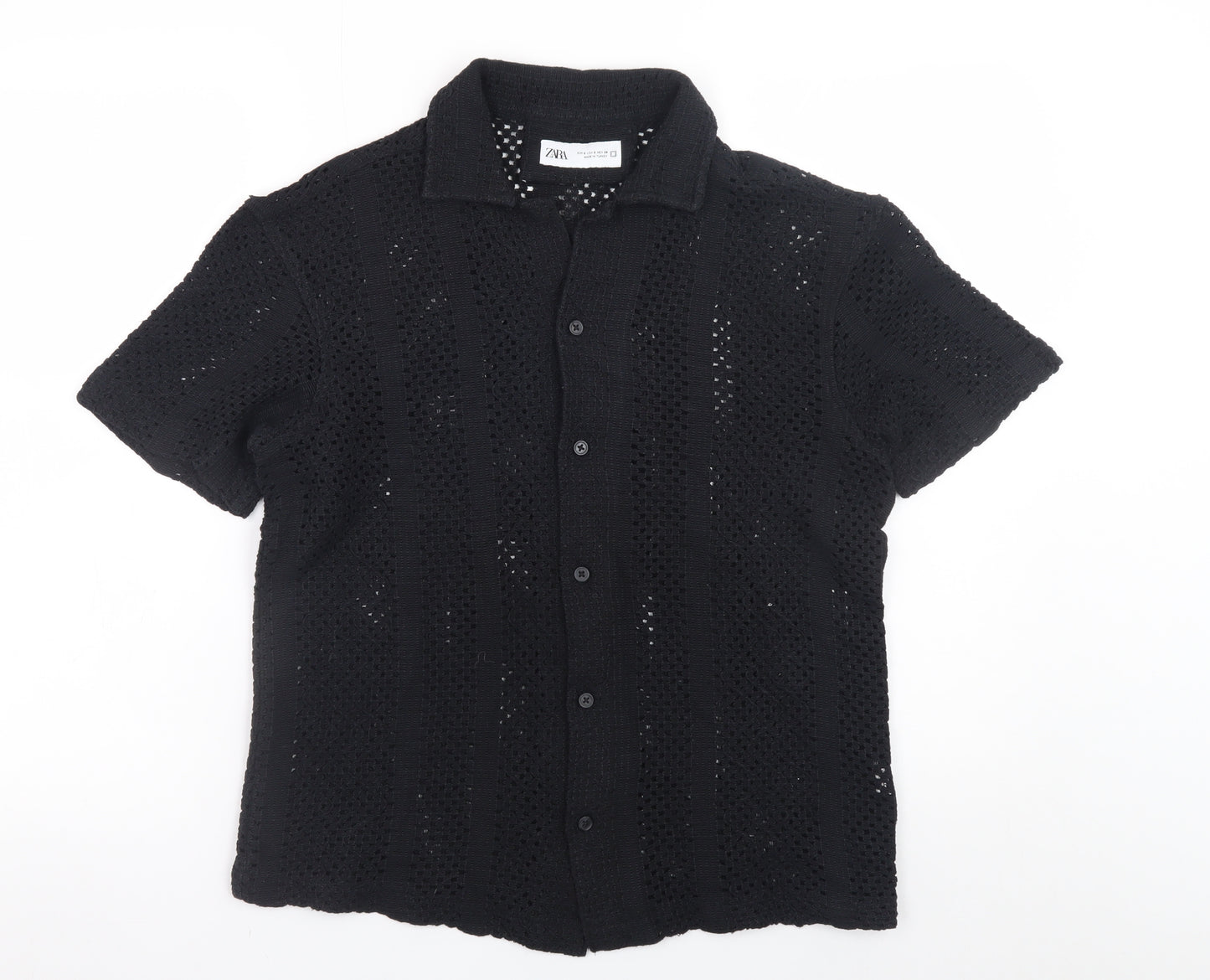 ZARA Men’s Black Crochet Short Sleeve Collared Button Cardigan S