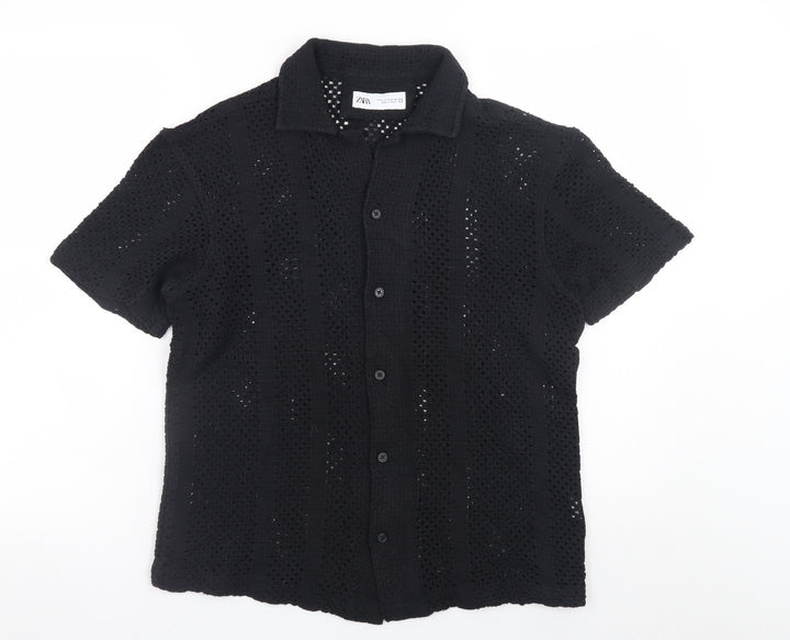 ZARA Men’s Black Crochet Short Sleeve Collared Button Cardigan S