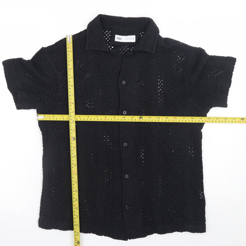 ZARA Men’s Black Crochet Short Sleeve Collared Button Cardigan S