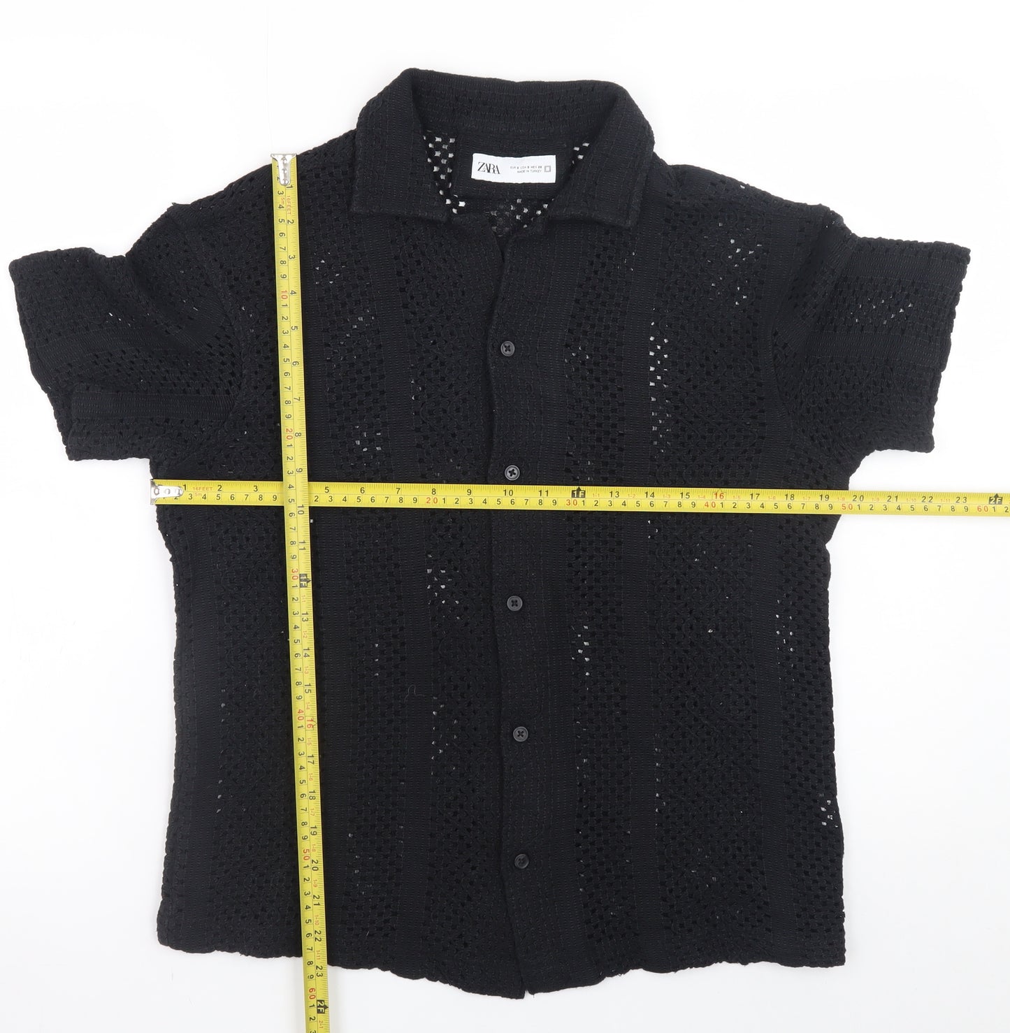 ZARA Men’s Black Crochet Short Sleeve Collared Button Cardigan S