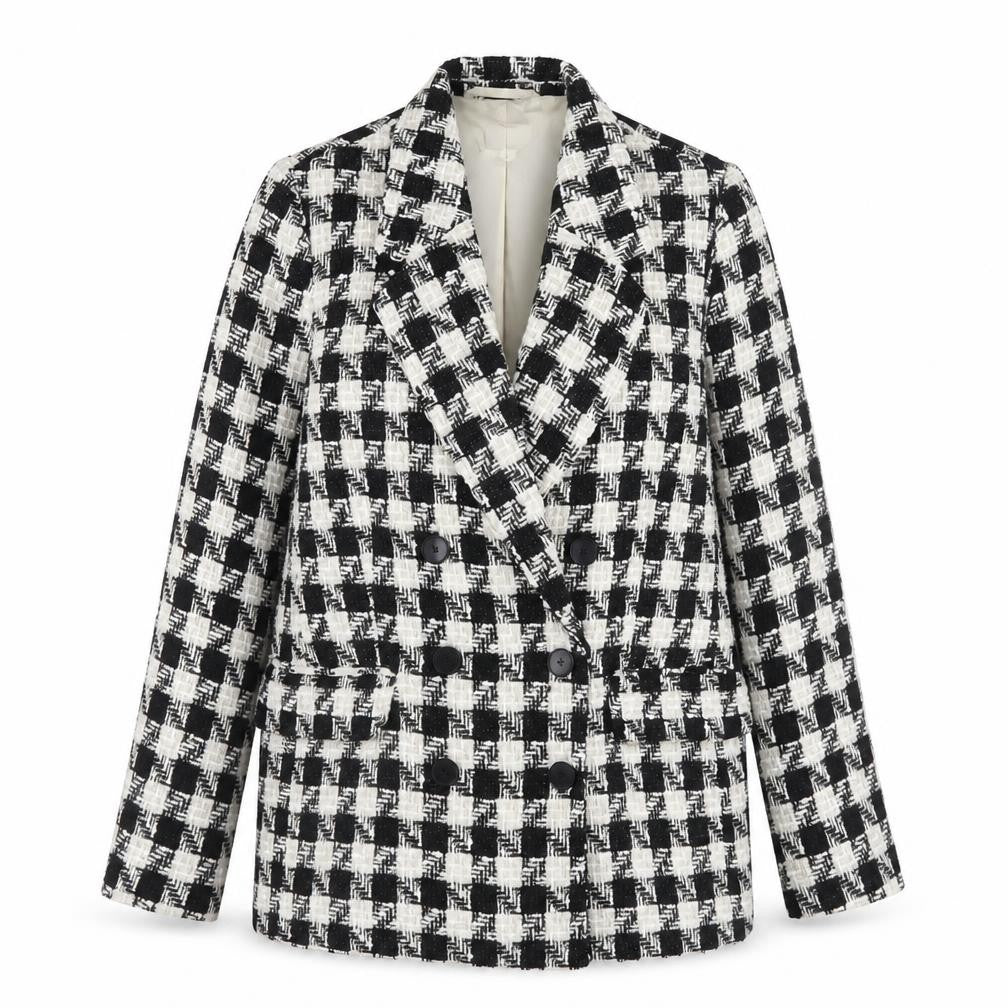 Front view of H&M Women's Black White Check Tweed Blazer, size 10