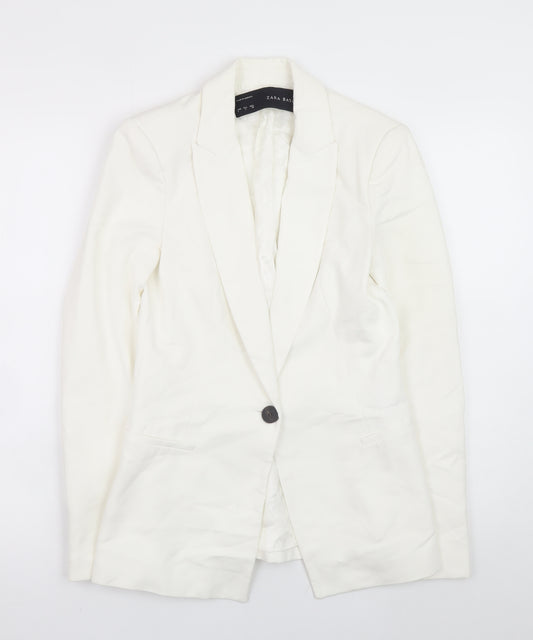 Zara Women White Slim Fit Cotton Blend Blazer Jacket Size S